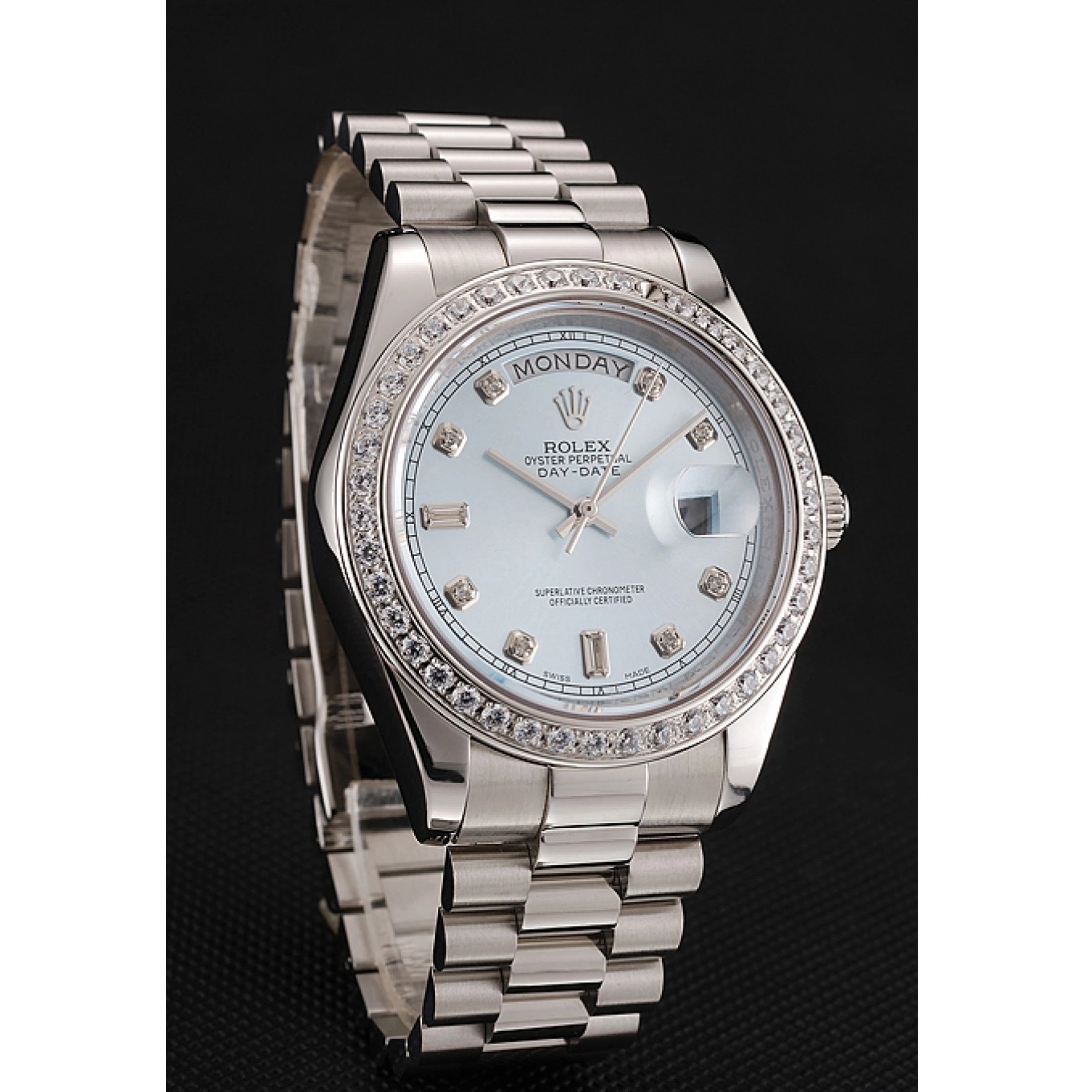 Aaa replica watch Case Dial Blue Swiss Stainless Diamond Rolex Steel Diamond Bracelet Ice 1453963 Numerals Day-Date 0805